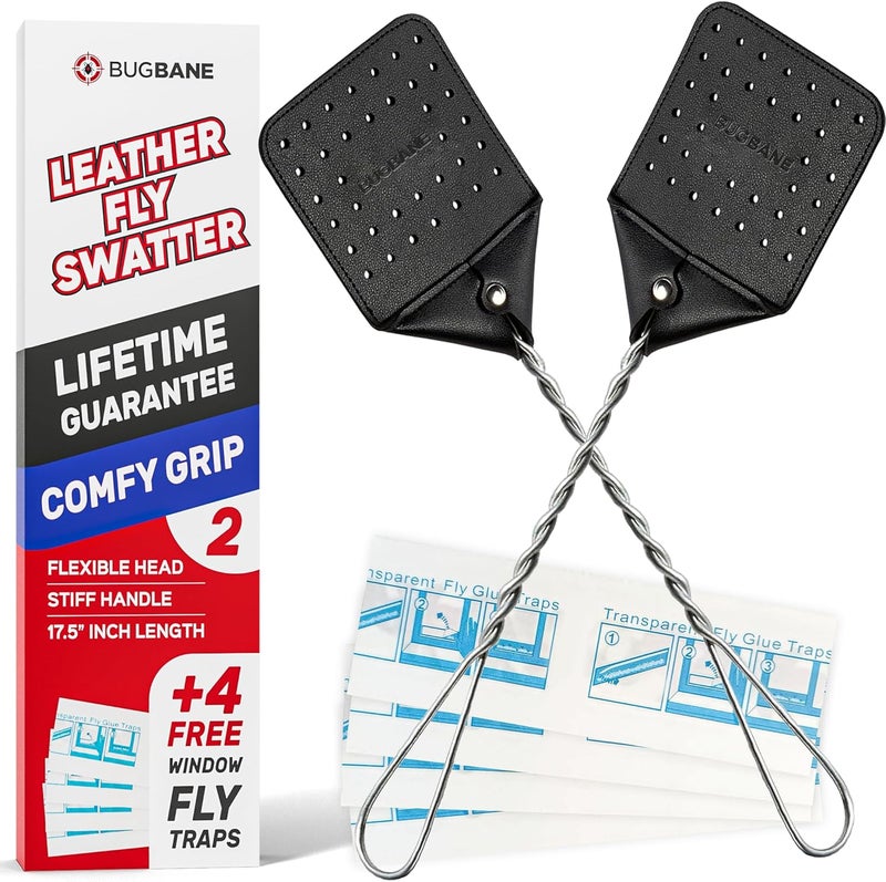 BugBane 2 Leather Fly Swatter for Indoors. Long Handle, Heavy Duty Fly Swatter Manual Multi Pack. Flyswatters Heavy Duty Flyswatter 2 pack. Flies Swater Includes 4 Sticky Window Bug Traps. Mata Moscas Outdoor - Image 1